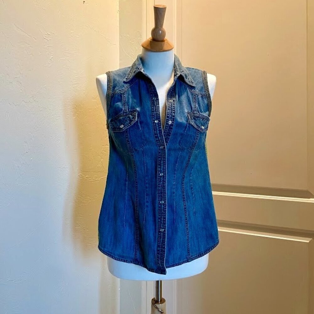 Hand-Embellished Denim Sleeveless Button-Up – Size Small